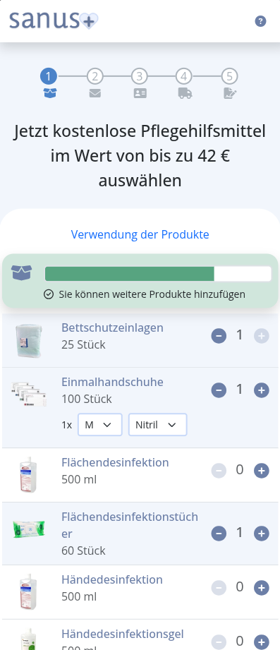 Screenshot: Produkte auswählen — bis der Balken voll ist