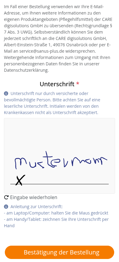 Screenshot: Unterschreiben — sanus+ rechnet mit der Kasse ab
