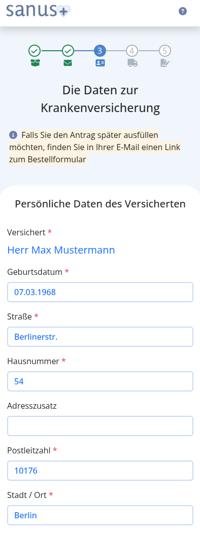 Screenshot: Daten der pflegebedürftigen Person