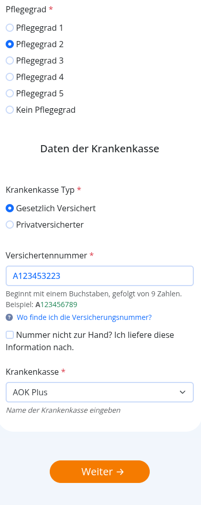 Screenshot: Pflegegrad und Versichertennummer