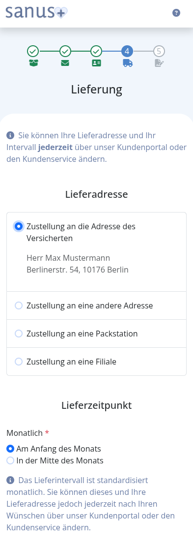 Screenshot: Lieferadresse und Lieferzeitpunkt